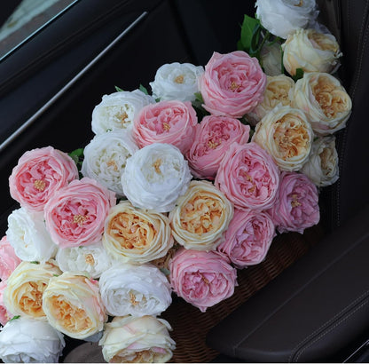 6Pcs Pink Artificial Roses, Real Touch Silk Austin Rose Bouquet, Fake Peony Flowers for Wedding & Home Decor（Pink