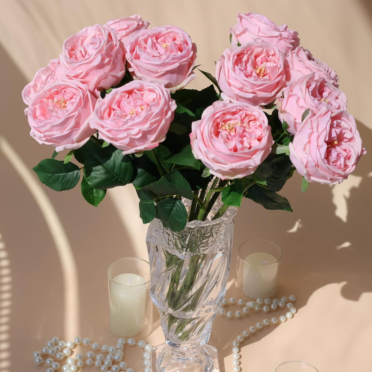 6Pcs Pink Artificial Roses, Real Touch Silk Austin Rose Bouquet, Fake Peony Flowers for Wedding & Home Decor（Pink