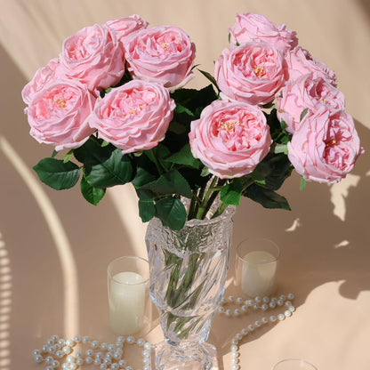 6Pcs Pink Artificial Roses, Real Touch Silk Austin Rose Bouquet, Fake Peony Flowers for Wedding & Home Decor（Pink