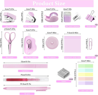 Mini School Supplies Kit, Pink Stapler with Staples and Tape Dispenser Set, Mini Stationary Set Includes Sticky Notes Index Tabs Highlighters Gel Pens for Office & Back to School Supplies