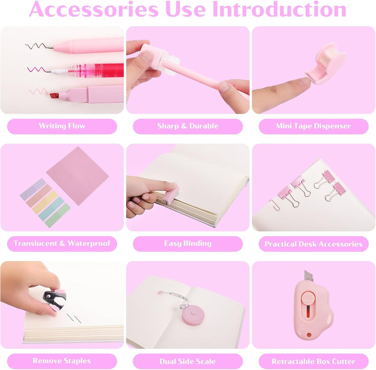 Mini School Supplies Kit, Pink Stapler with Staples and Tape Dispenser Set, Mini Stationary Set Includes Sticky Notes Index Tabs Highlighters Gel Pens for Office & Back to School Supplies