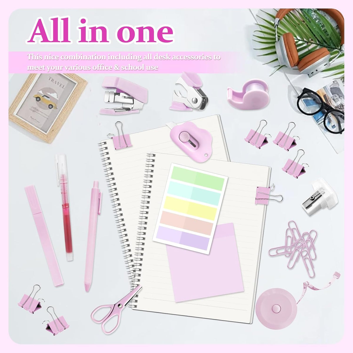 Mini School Supplies Kit, Pink Stapler with Staples and Tape Dispenser Set, Mini Stationary Set Includes Sticky Notes Index Tabs Highlighters Gel Pens for Office & Back to School Supplies