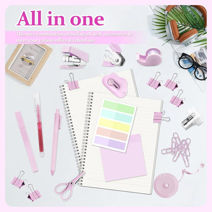Mini School Supplies Kit, Pink Stapler with Staples and Tape Dispenser Set, Mini Stationary Set Includes Sticky Notes Index Tabs Highlighters Gel Pens for Office & Back to School Supplies