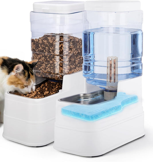 2 Pack Automatic Cat Feeder and Water Dispenser 1.3Gallon Dog Gravity Food Feeder and Water with Ice Pack Stainless Steel Dry Food and Waterer Bowl for Small Medium Large Pets (White)
