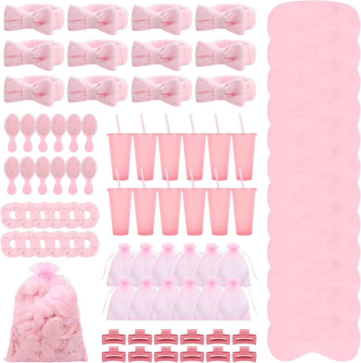 84 Pcs Pink Spa Party Supplies Bulk Include 12 Bow Hairbands 12 Hair Scrunchies 12 Glitter Cups 12 Sleep Eye Mask 12 Organza Bag 12 Hair Clips 12 Combs for Sleepover Party Supplies Spa Birthday Party