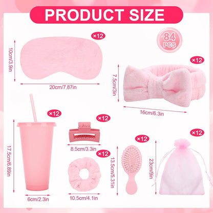 84 Pcs Pink Spa Party Supplies Bulk Include 12 Bow Hairbands 12 Hair Scrunchies 12 Glitter Cups 12 Sleep Eye Mask 12 Organza Bag 12 Hair Clips 12 Combs for Sleepover Party Supplies Spa Birthday Party