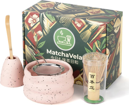 ® Matcha Whisk Set - 5 Pcs | Complete Japanese Matcha Tea Making Kit | Ceramic Bowl & Whisk Holder, Bamboo Whisk & Scoop, Stainless Steel Sifter | Perfect Matcha Starter Kit Gift Set - Pink