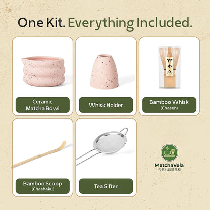 ® Matcha Whisk Set - 5 Pcs | Complete Japanese Matcha Tea Making Kit | Ceramic Bowl & Whisk Holder, Bamboo Whisk & Scoop, Stainless Steel Sifter | Perfect Matcha Starter Kit Gift Set - Pink