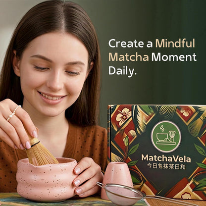 ® Matcha Whisk Set - 5 Pcs | Complete Japanese Matcha Tea Making Kit | Ceramic Bowl & Whisk Holder, Bamboo Whisk & Scoop, Stainless Steel Sifter | Perfect Matcha Starter Kit Gift Set - Pink