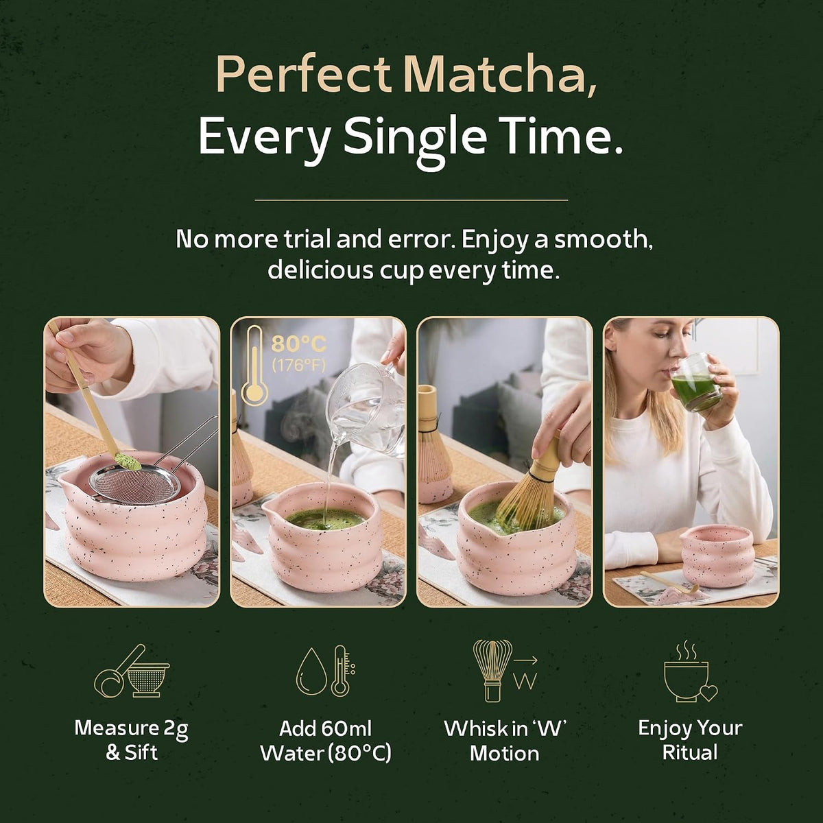 ® Matcha Whisk Set - 5 Pcs | Complete Japanese Matcha Tea Making Kit | Ceramic Bowl & Whisk Holder, Bamboo Whisk & Scoop, Stainless Steel Sifter | Perfect Matcha Starter Kit Gift Set - Pink