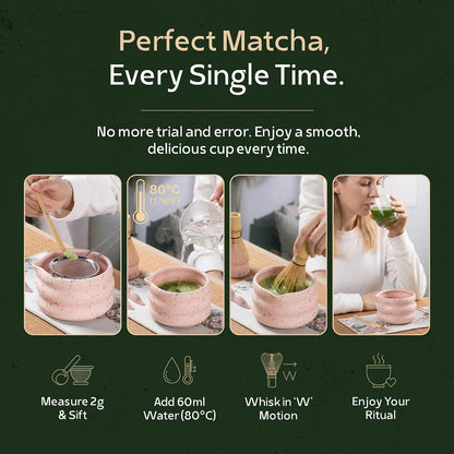 ® Matcha Whisk Set - 5 Pcs | Complete Japanese Matcha Tea Making Kit | Ceramic Bowl & Whisk Holder, Bamboo Whisk & Scoop, Stainless Steel Sifter | Perfect Matcha Starter Kit Gift Set - Pink