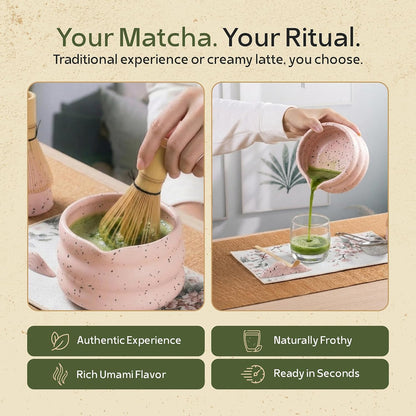 ® Matcha Whisk Set - 5 Pcs | Complete Japanese Matcha Tea Making Kit | Ceramic Bowl & Whisk Holder, Bamboo Whisk & Scoop, Stainless Steel Sifter | Perfect Matcha Starter Kit Gift Set - Pink