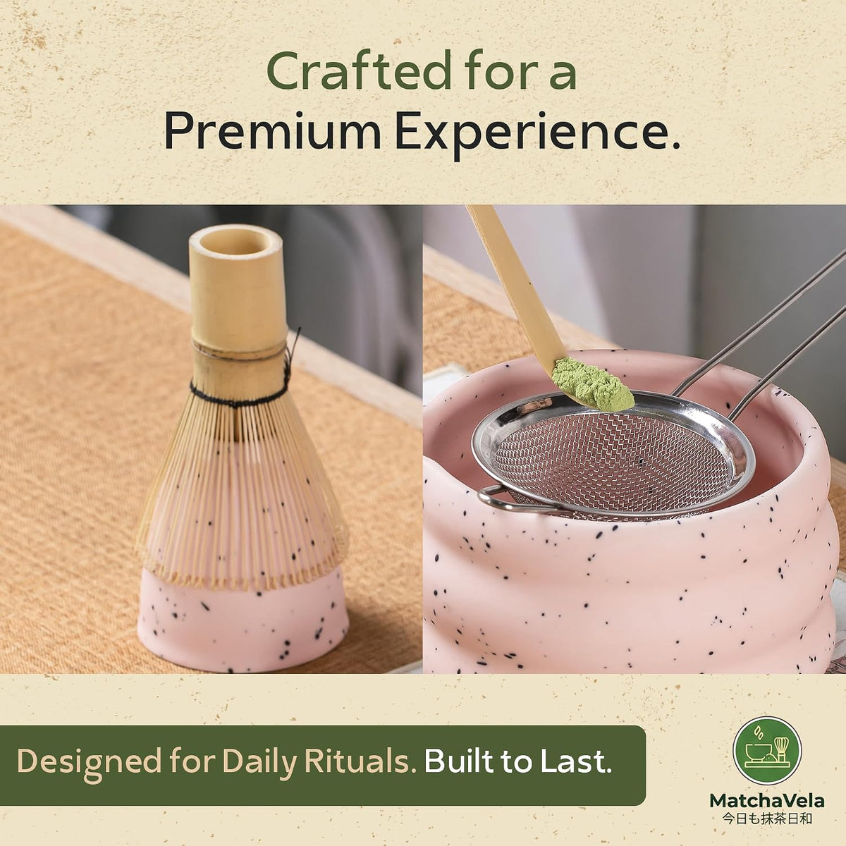 ® Matcha Whisk Set - 5 Pcs | Complete Japanese Matcha Tea Making Kit | Ceramic Bowl & Whisk Holder, Bamboo Whisk & Scoop, Stainless Steel Sifter | Perfect Matcha Starter Kit Gift Set - Pink