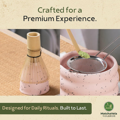 ® Matcha Whisk Set - 5 Pcs | Complete Japanese Matcha Tea Making Kit | Ceramic Bowl & Whisk Holder, Bamboo Whisk & Scoop, Stainless Steel Sifter | Perfect Matcha Starter Kit Gift Set - Pink