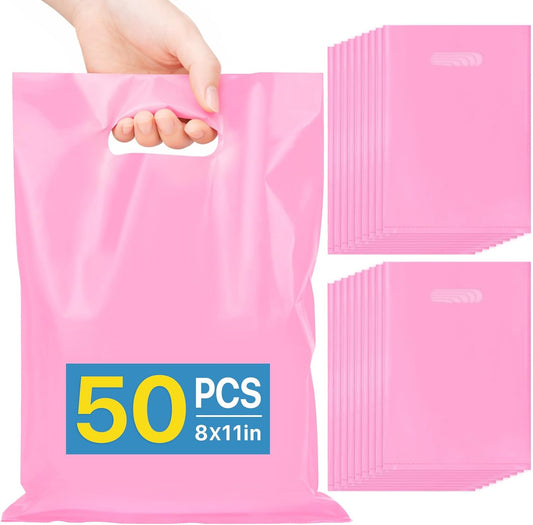50 PCS Pink Bulk Gift Bags 8"x11", Goodie Bag for Candy Treat Jewelry Craft, Plastic Gift Bags with Die Cut Handles for Easter Gifts, Birthday, Small Business, Wedding