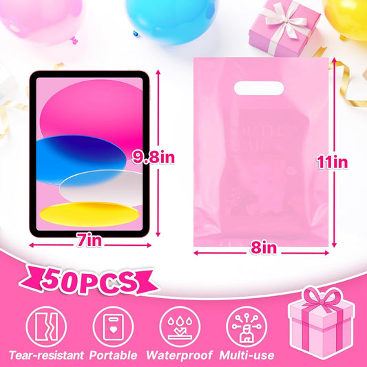 50 PCS Pink Bulk Gift Bags 8"x11", Goodie Bag for Candy Treat Jewelry Craft, Plastic Gift Bags with Die Cut Handles for Easter Gifts, Birthday, Small Business, Wedding