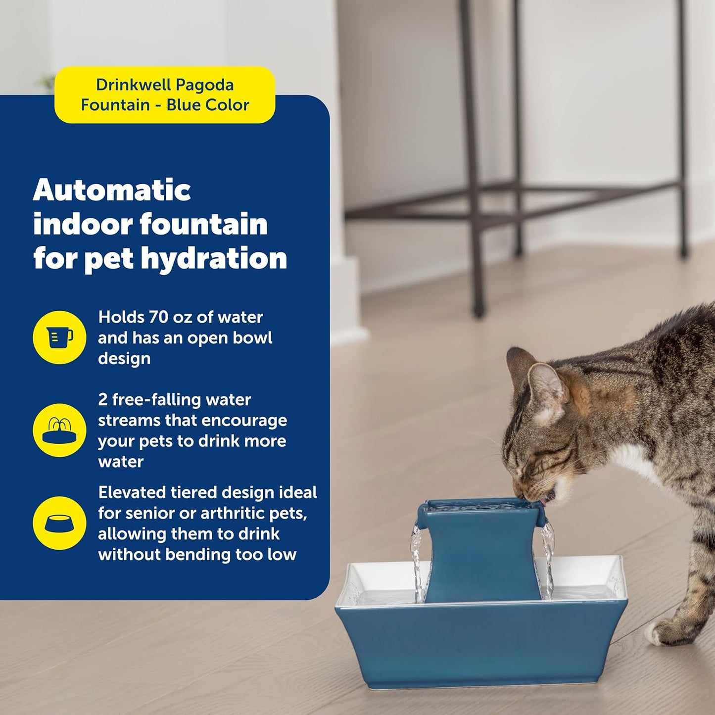 PetSafe Drinkwell Pagoda Pet Fountain,70 oz/ 2L Capacity,Elevated Indoor Ceramic Cat Fountain, 2 Levels of Free-Falling Streams, Included Carbon & Foam Filter Provide Fresh Water with Every Sip, Blue