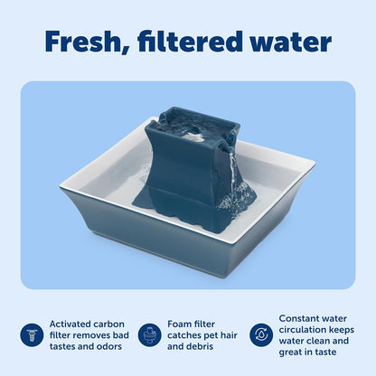 PetSafe Drinkwell Pagoda Pet Fountain,70 oz/ 2L Capacity,Elevated Indoor Ceramic Cat Fountain, 2 Levels of Free-Falling Streams, Included Carbon & Foam Filter Provide Fresh Water with Every Sip, Blue