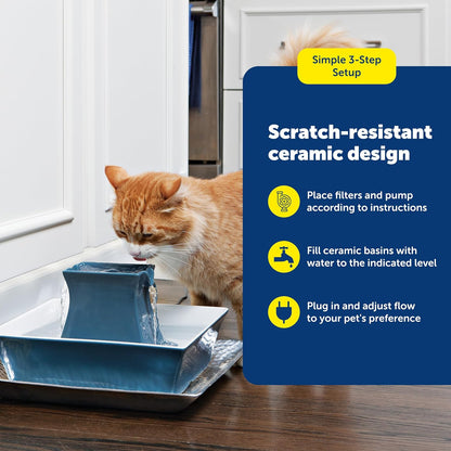 PetSafe Drinkwell Pagoda Pet Fountain,70 oz/ 2L Capacity,Elevated Indoor Ceramic Cat Fountain, 2 Levels of Free-Falling Streams, Included Carbon & Foam Filter Provide Fresh Water with Every Sip, Blue