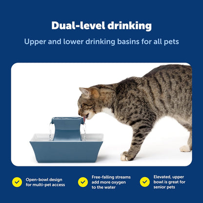 PetSafe Drinkwell Pagoda Pet Fountain,70 oz/ 2L Capacity,Elevated Indoor Ceramic Cat Fountain, 2 Levels of Free-Falling Streams, Included Carbon & Foam Filter Provide Fresh Water with Every Sip, Blue