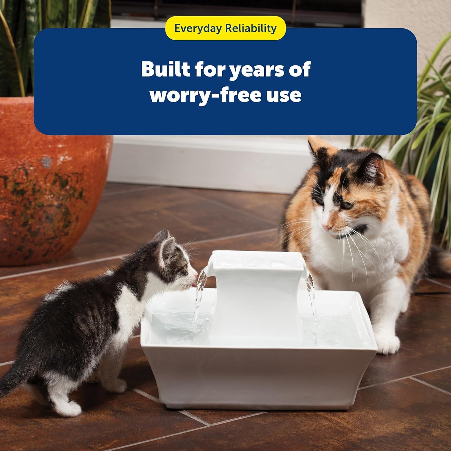PetSafe Drinkwell Pagoda Pet Fountain,70 oz/ 2L Capacity,Elevated Indoor Ceramic Cat Fountain, 2 Levels of Free-Falling Streams, Included Carbon & Foam Filter Provide Fresh Water with Every Sip, Blue