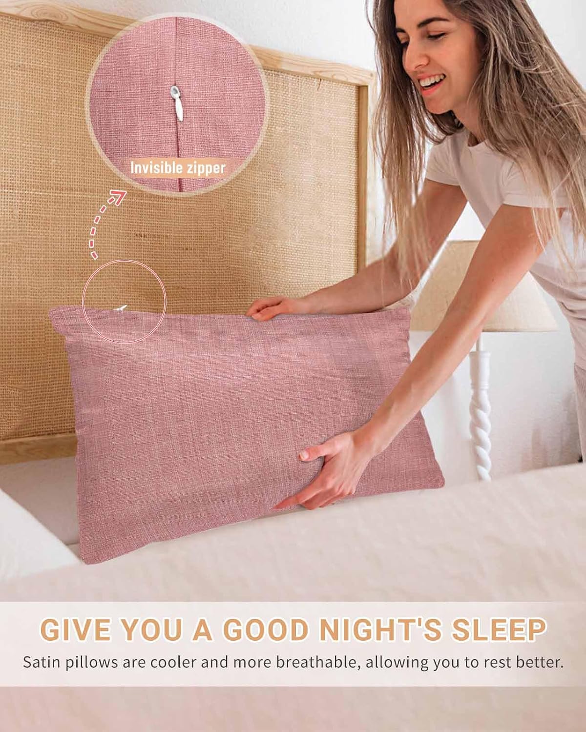 Satin Pillowcase for Hair and Skin Standard Size 2 Pack Peach Pink Linen Satin Pillow Case Soft Breathable Cool Silk Farmhouse Pure Color Pillowcases with Hidden Zipper Throw Pillow Covers 20x26 Inch