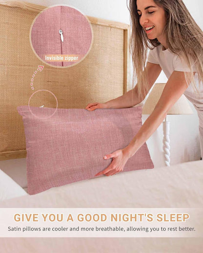 Satin Pillowcase for Hair and Skin Standard Size 2 Pack Peach Pink Linen Satin Pillow Case Soft Breathable Cool Silk Farmhouse Pure Color Pillowcases with Hidden Zipper Throw Pillow Covers 20x26 Inch