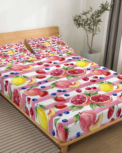 4 Piece Bed Sheet Set, Summer Peach Lemon Grapefruit Bed Sheets Includes Flat Sheet, Queen Fitted Sheet with Deep Pockets, Blueberry Strawberry Pink Stripe Hotel Bedding Sheets and Pillowcases