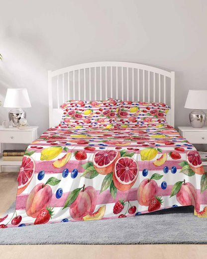 4 Piece Bed Sheet Set, Summer Peach Lemon Grapefruit Bed Sheets Includes Flat Sheet, Queen Fitted Sheet with Deep Pockets, Blueberry Strawberry Pink Stripe Hotel Bedding Sheets and Pillowcases
