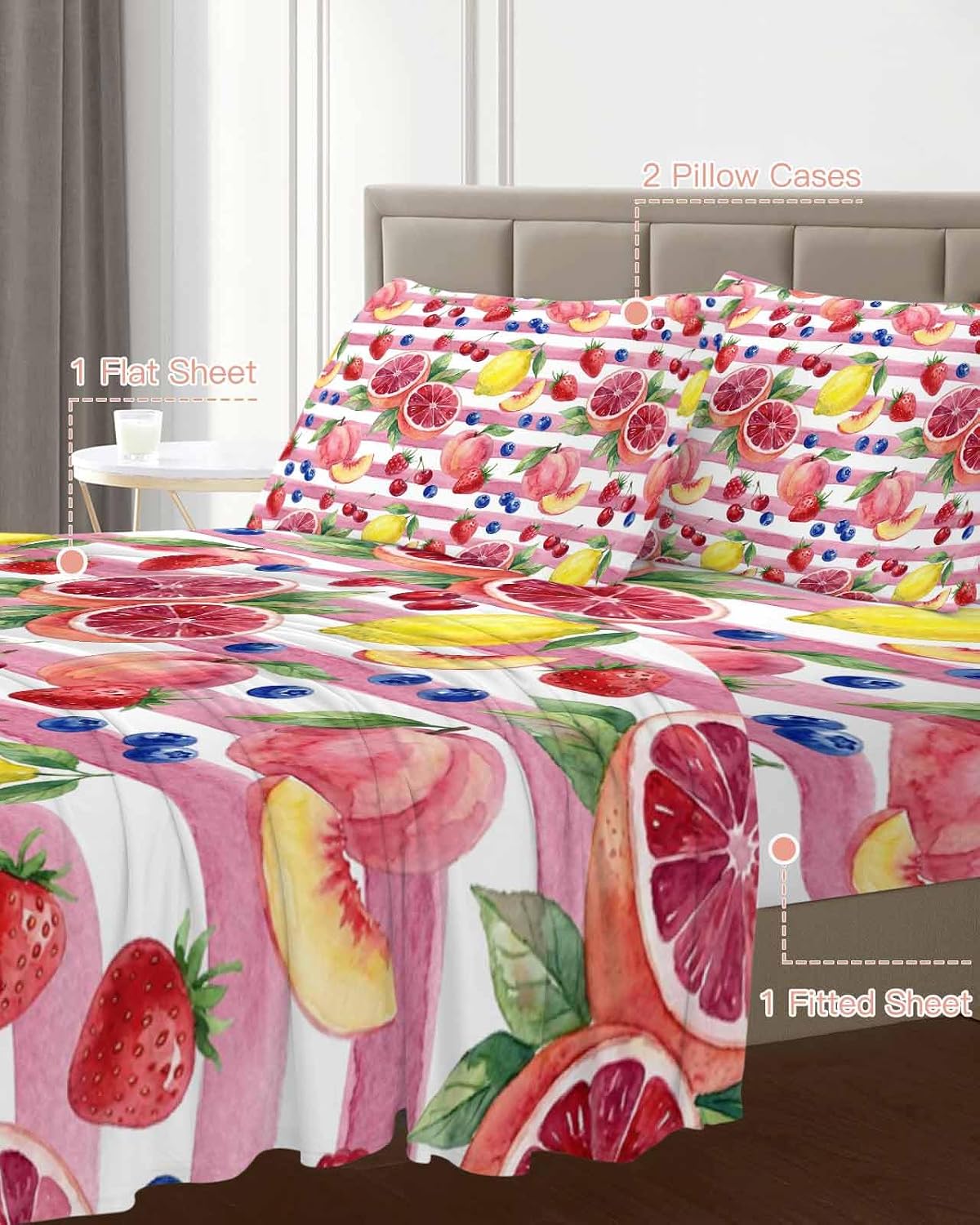 4 Piece Bed Sheet Set, Summer Peach Lemon Grapefruit Bed Sheets Includes Flat Sheet, Queen Fitted Sheet with Deep Pockets, Blueberry Strawberry Pink Stripe Hotel Bedding Sheets and Pillowcases
