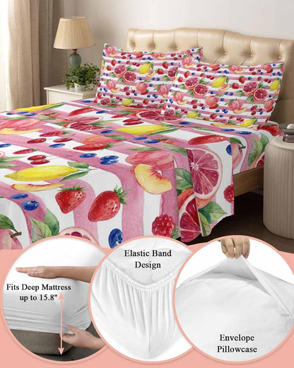 4 Piece Bed Sheet Set, Summer Peach Lemon Grapefruit Bed Sheets Includes Flat Sheet, Queen Fitted Sheet with Deep Pockets, Blueberry Strawberry Pink Stripe Hotel Bedding Sheets and Pillowcases