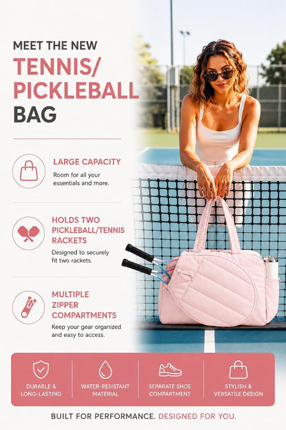 Pickleball,Tennis Racket Bag,Gym Bag for Women,Man. Quilted, Holds 2 Rackets with Shoe Compartment. Sport Bag for Gym, Court, Travel Duffle Bag