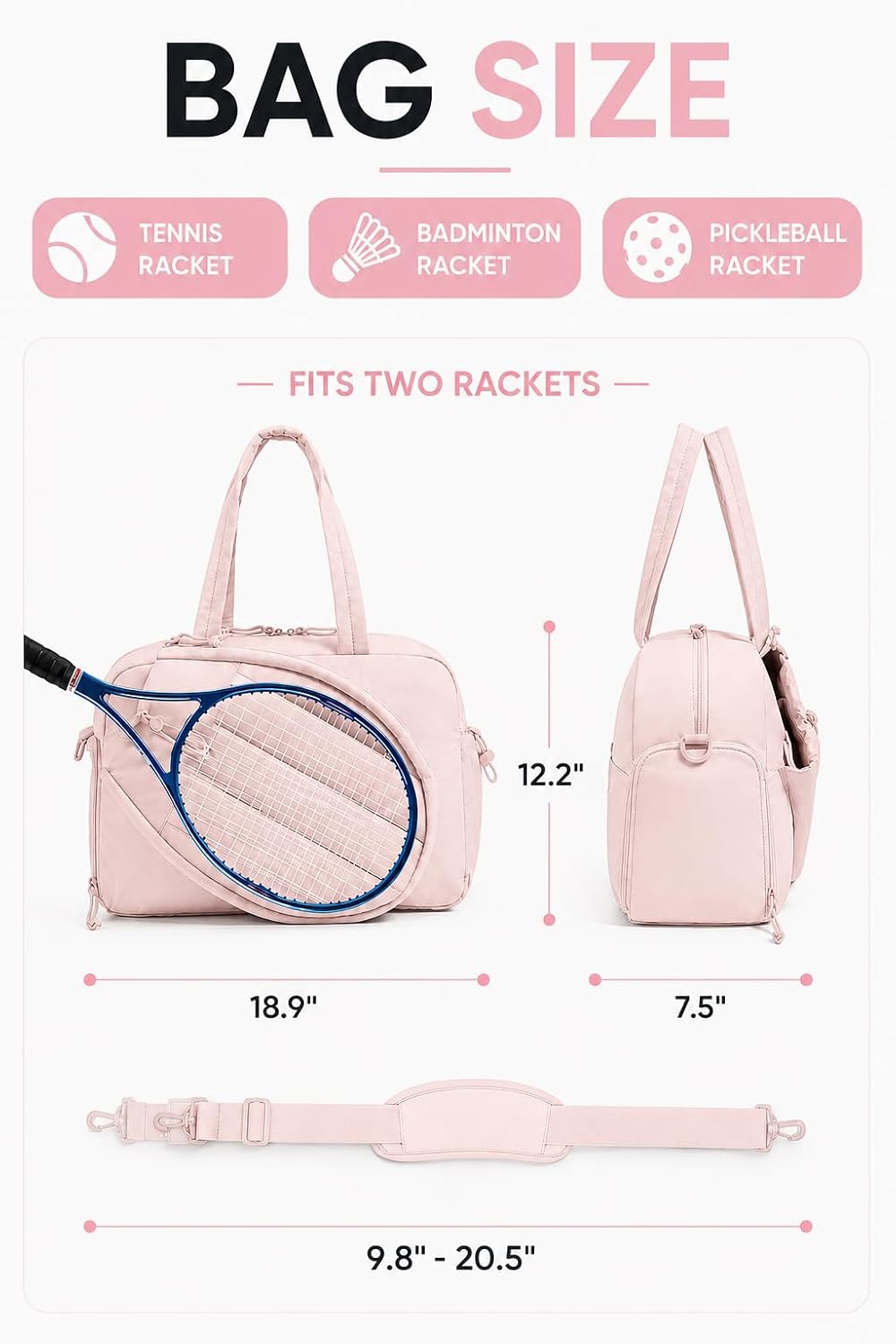 Pickleball,Tennis Racket Bag,Gym Bag for Women,Man. Quilted, Holds 2 Rackets with Shoe Compartment. Sport Bag for Gym, Court, Travel Duffle Bag