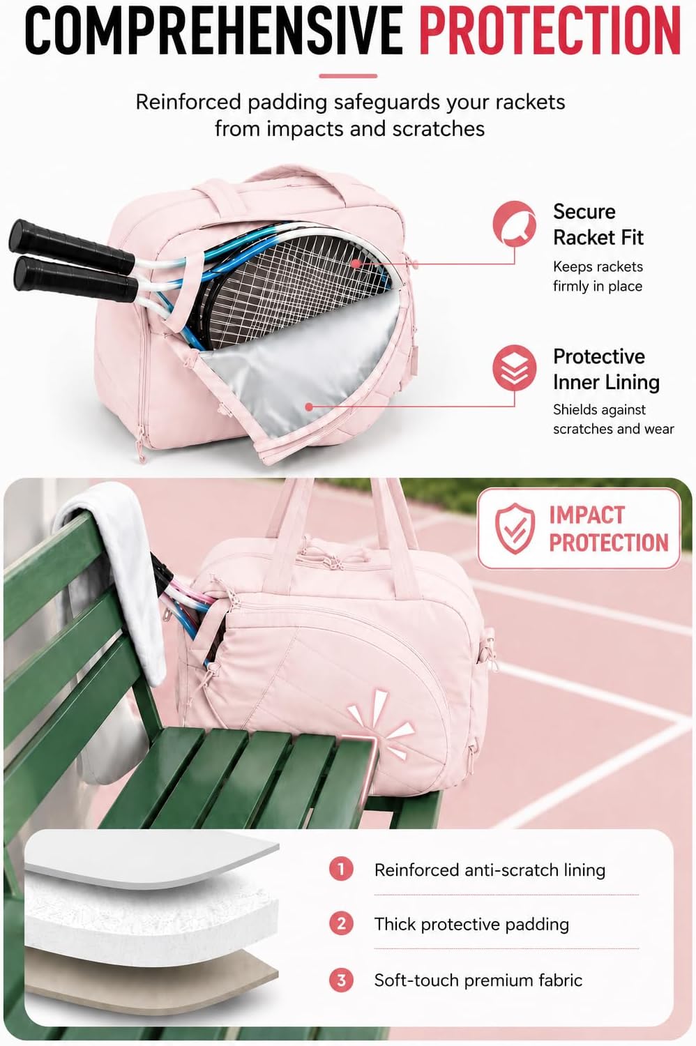 Pickleball,Tennis Racket Bag,Gym Bag for Women,Man. Quilted, Holds 2 Rackets with Shoe Compartment. Sport Bag for Gym, Court, Travel Duffle Bag