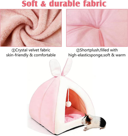Rabbit Bed Cave Cozy Guinea Pig Hideout Cute Bunny Bed Large House Winter Nest Dwarf Rabbit Cage Accessories for Chinchilla Ferret Hedgehog or Other Small Animals（Pink）