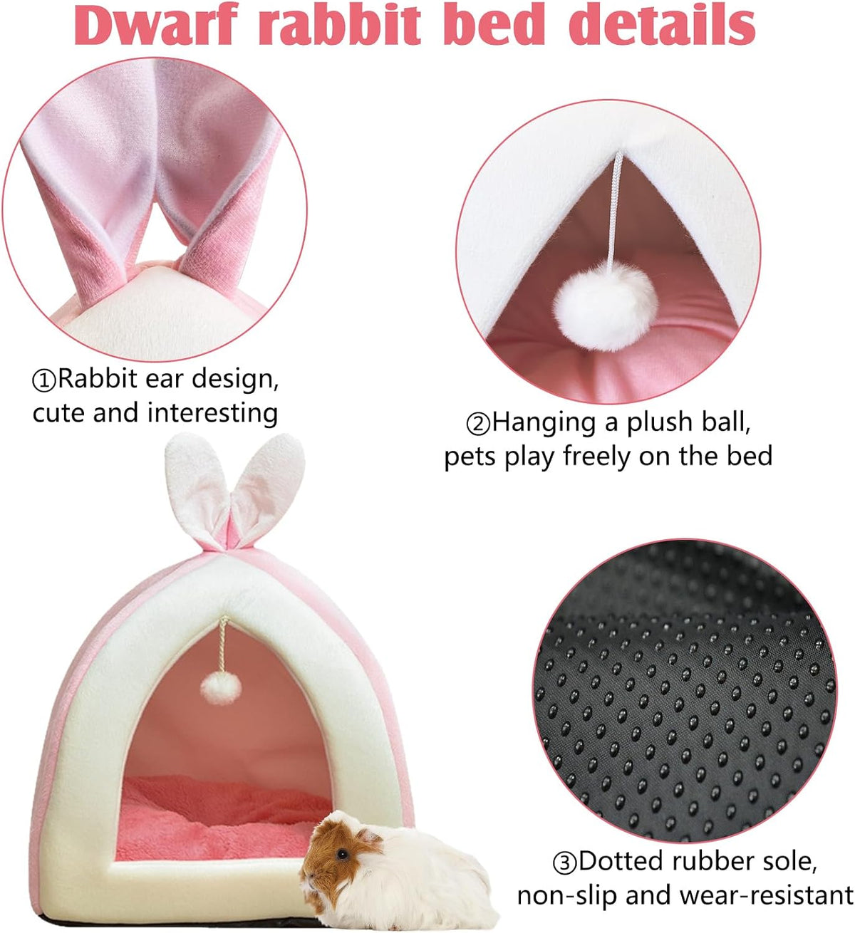 Rabbit Bed Cave Cozy Guinea Pig Hideout Cute Bunny Bed Large House Winter Nest Dwarf Rabbit Cage Accessories for Chinchilla Ferret Hedgehog or Other Small Animals（Pink）