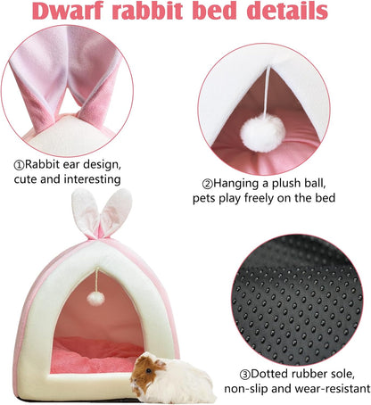Rabbit Bed Cave Cozy Guinea Pig Hideout Cute Bunny Bed Large House Winter Nest Dwarf Rabbit Cage Accessories for Chinchilla Ferret Hedgehog or Other Small Animals（Pink）