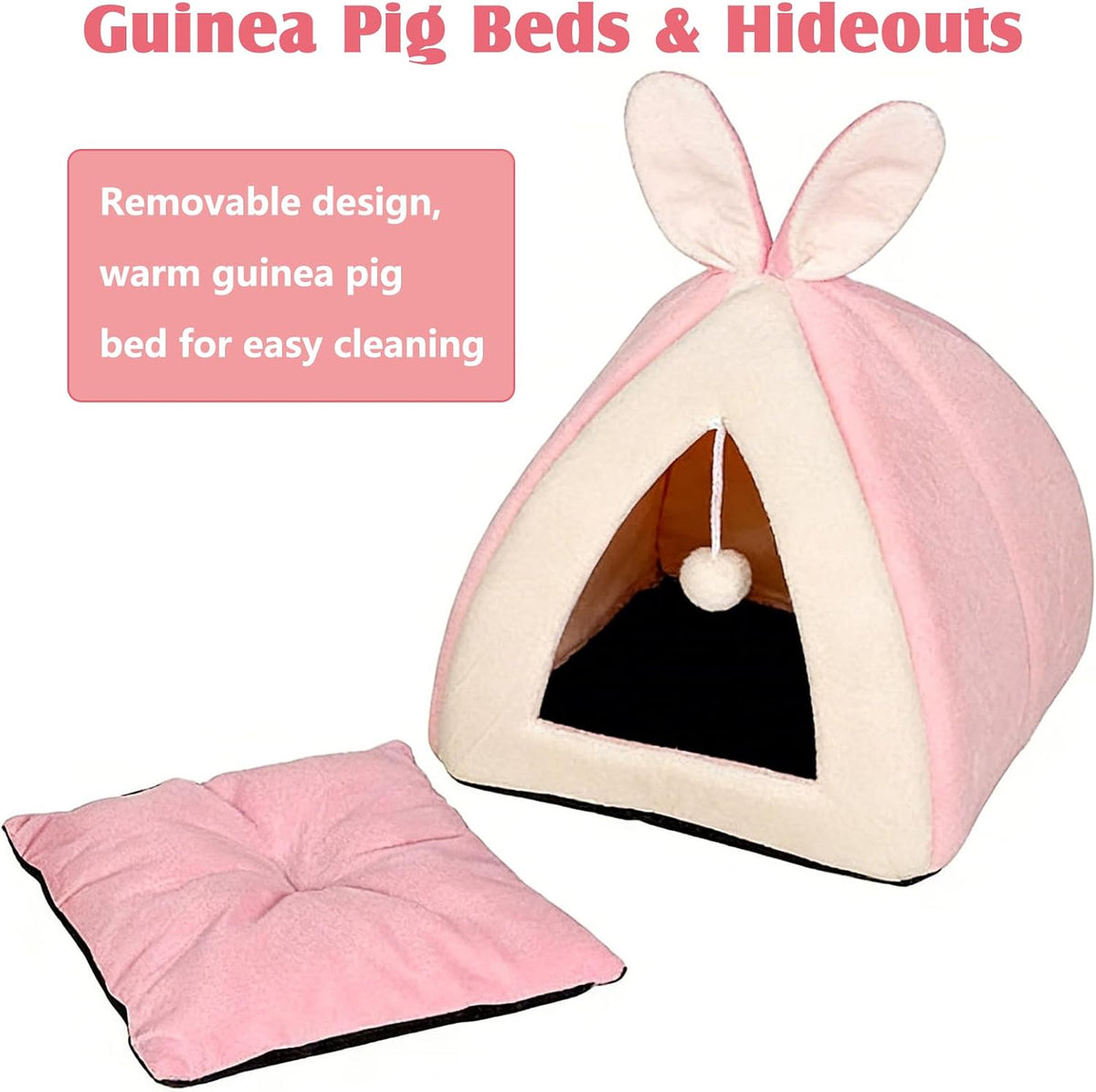 Rabbit Bed Cave Cozy Guinea Pig Hideout Cute Bunny Bed Large House Winter Nest Dwarf Rabbit Cage Accessories for Chinchilla Ferret Hedgehog or Other Small Animals（Pink）