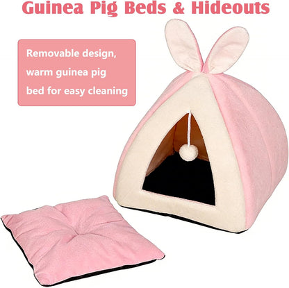 Rabbit Bed Cave Cozy Guinea Pig Hideout Cute Bunny Bed Large House Winter Nest Dwarf Rabbit Cage Accessories for Chinchilla Ferret Hedgehog or Other Small Animals（Pink）