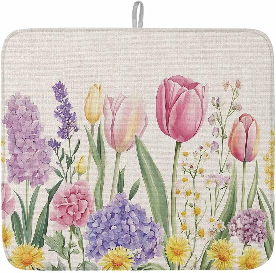 Spring Floral Dish Drying Mat for Kitchen Counter, Pink Tulip Dish Mat Drying Kitchen Mat, Summer Flowers Botanical Baby Bottle Microfiber Drying Pad, Absorbent Coffee Cup Dishes Drainer Mats 18"x24"