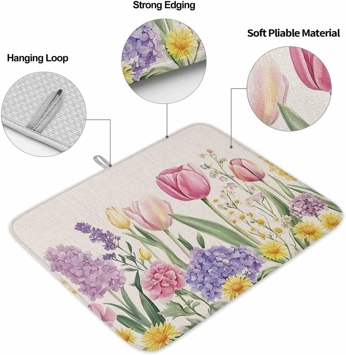 Spring Floral Dish Drying Mat for Kitchen Counter, Pink Tulip Dish Mat Drying Kitchen Mat, Summer Flowers Botanical Baby Bottle Microfiber Drying Pad, Absorbent Coffee Cup Dishes Drainer Mats 18"x24"