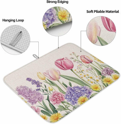 Spring Floral Dish Drying Mat for Kitchen Counter, Pink Tulip Dish Mat Drying Kitchen Mat, Summer Flowers Botanical Baby Bottle Microfiber Drying Pad, Absorbent Coffee Cup Dishes Drainer Mats 18"x24"