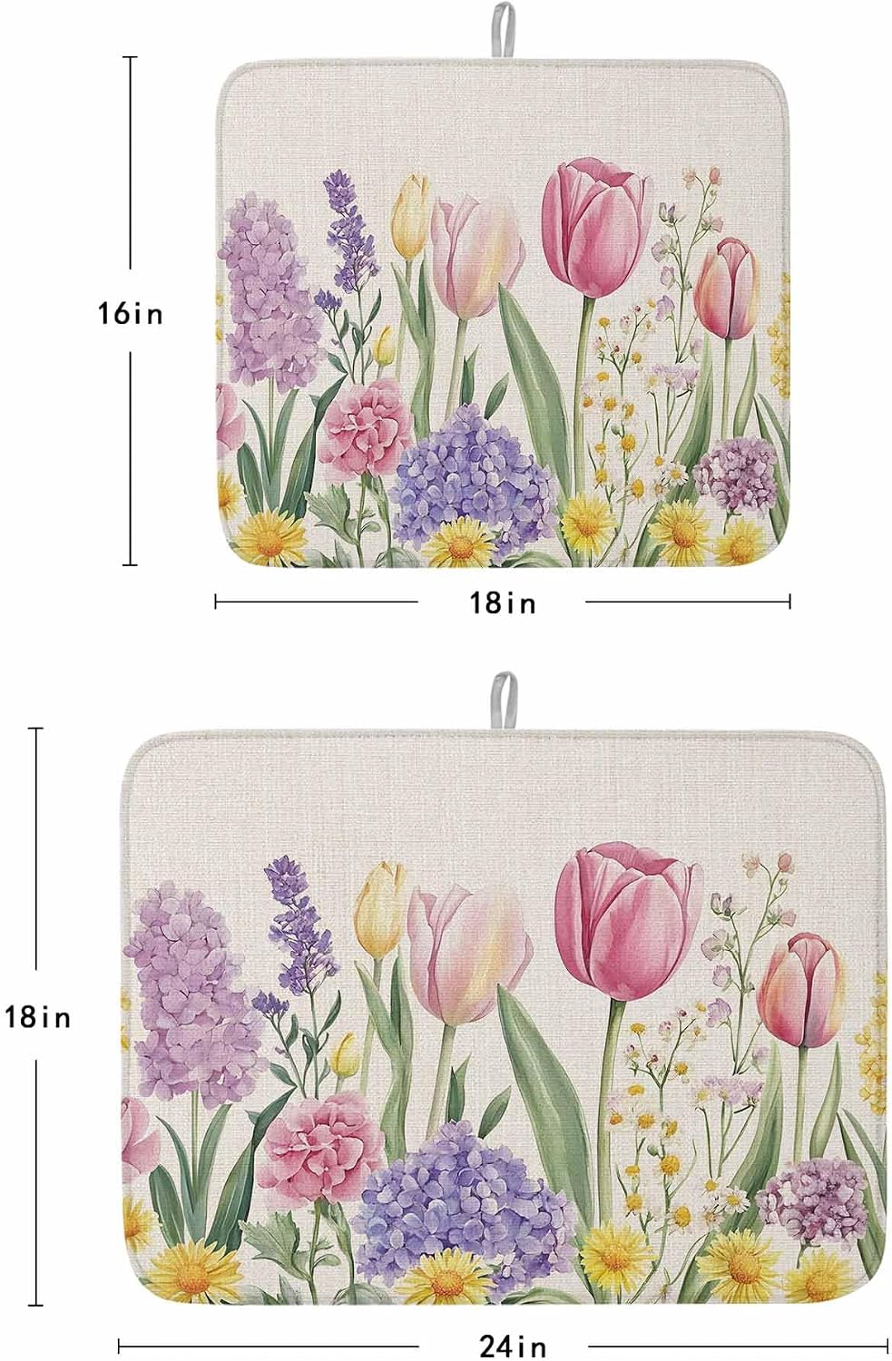 Spring Floral Dish Drying Mat for Kitchen Counter, Pink Tulip Dish Mat Drying Kitchen Mat, Summer Flowers Botanical Baby Bottle Microfiber Drying Pad, Absorbent Coffee Cup Dishes Drainer Mats 18"x24"