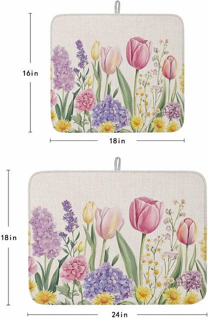 Spring Floral Dish Drying Mat for Kitchen Counter, Pink Tulip Dish Mat Drying Kitchen Mat, Summer Flowers Botanical Baby Bottle Microfiber Drying Pad, Absorbent Coffee Cup Dishes Drainer Mats 18"x24"
