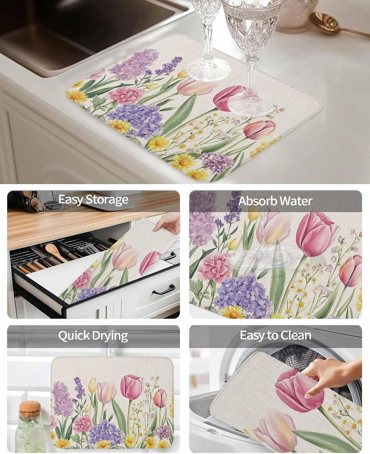 Spring Floral Dish Drying Mat for Kitchen Counter, Pink Tulip Dish Mat Drying Kitchen Mat, Summer Flowers Botanical Baby Bottle Microfiber Drying Pad, Absorbent Coffee Cup Dishes Drainer Mats 18"x24"