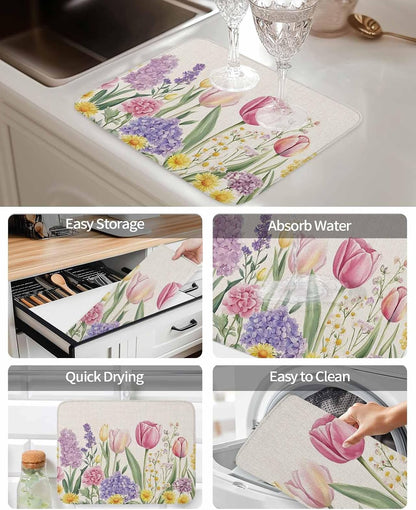 Spring Floral Dish Drying Mat for Kitchen Counter, Pink Tulip Dish Mat Drying Kitchen Mat, Summer Flowers Botanical Baby Bottle Microfiber Drying Pad, Absorbent Coffee Cup Dishes Drainer Mats 18"x24"