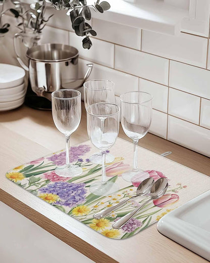 Spring Floral Dish Drying Mat for Kitchen Counter, Pink Tulip Dish Mat Drying Kitchen Mat, Summer Flowers Botanical Baby Bottle Microfiber Drying Pad, Absorbent Coffee Cup Dishes Drainer Mats 18"x24"