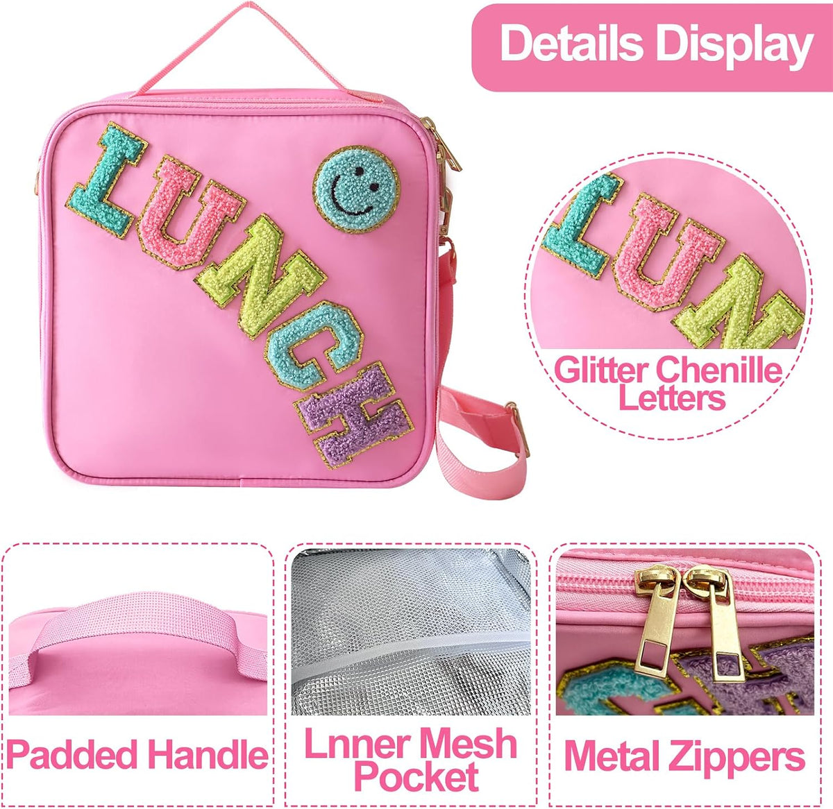 Insulated Lunch Bag With Adjustable Shoulder Strap, Girls Preppy Lunch Box