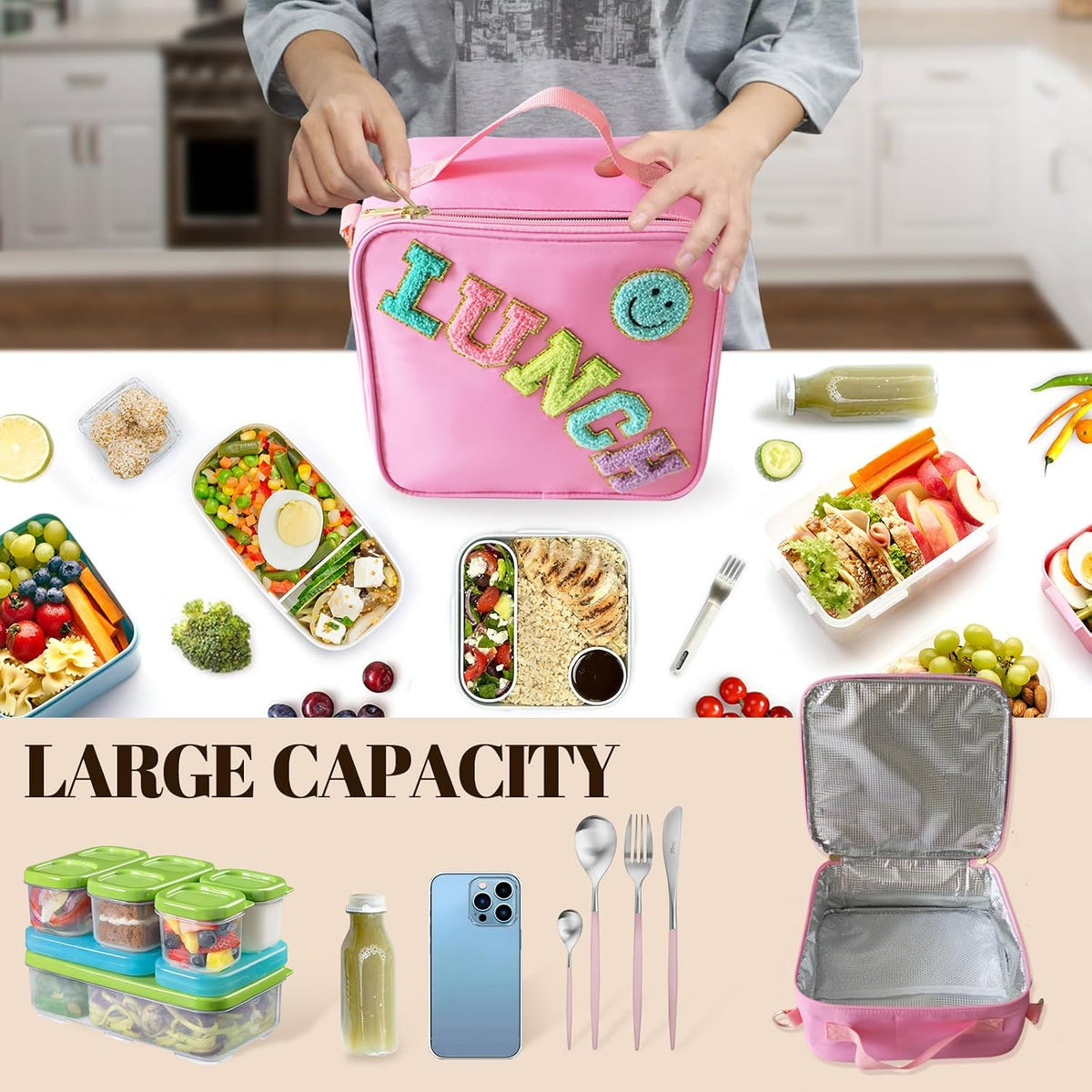 Insulated Lunch Bag With Adjustable Shoulder Strap, Girls Preppy Lunch Box