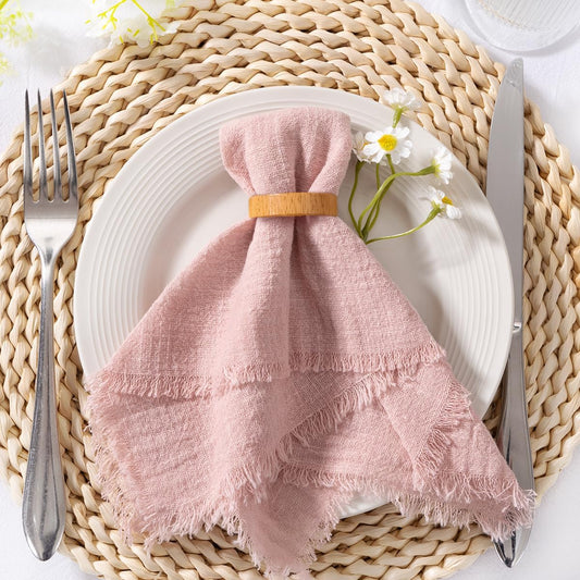 MLMC 6 Pack Dusty Pink Cloth Napkins with Fringe Boho Linen Napkins Washable Reusable Rustic Dinner Table Decor 17"×17" for Wedding Party Bridal Baby Shower Decor